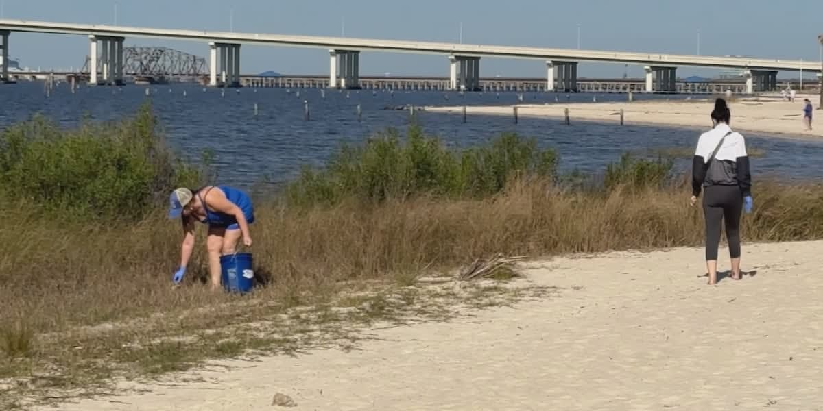 Volunteers collecting trash and debris along Ocean Springs beach during memorial cleanup event