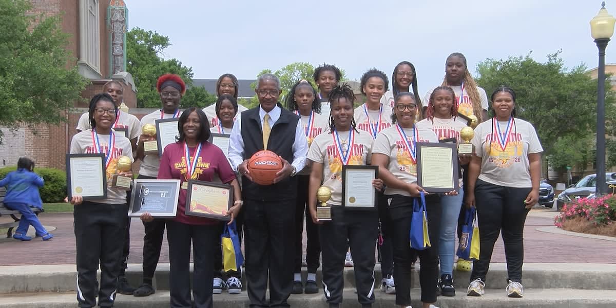 Lady Tornadoes basketball team celebrates championship with Coach Sherri Cooley and Mayor Magee at Pinehurst Park
