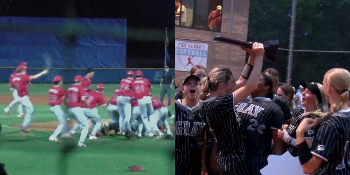 High school baseball and softball players celebrating state championship victories on field