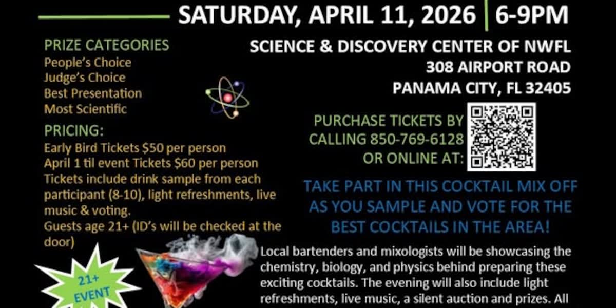 Bartender preparing colorful cocktails at science museum fundraising event in Panama City Florida