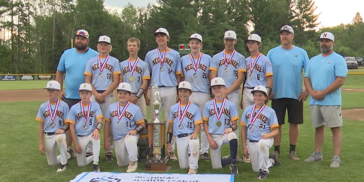 Young baseball players from Negaunee celebrating their Michigan Junior League State Championship victory