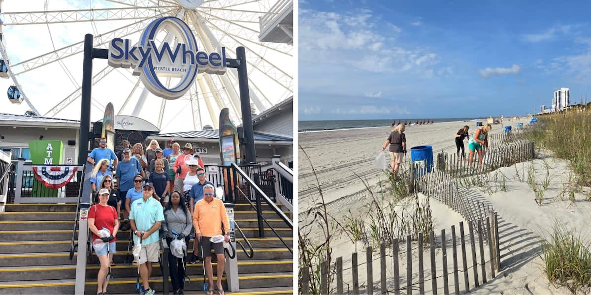Volunteers gathering at SkyWheel Myrtle Beach boardwalk entrance with cleanup supplies for beach conservation event