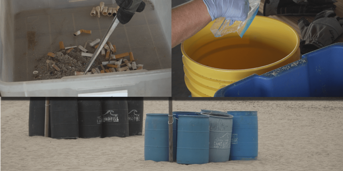 Volunteers collecting trash and debris along Tybee Island beach during coastal cleanup event
