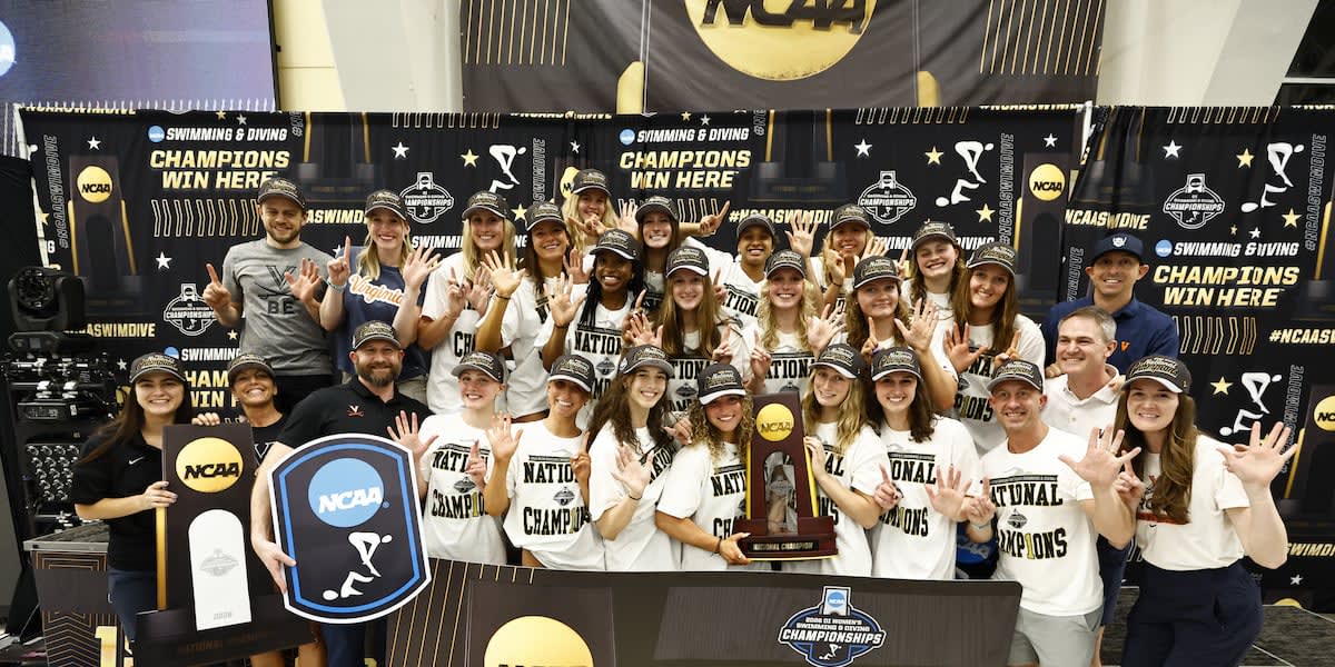 University of Virginia women's swim team celebrating their historic sixth consecutive national championship together