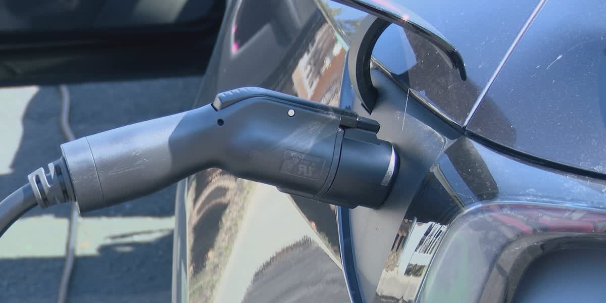 Electric vehicle charging station at Greenway Park in Richlands, Virginia with ribbon cutting ceremony