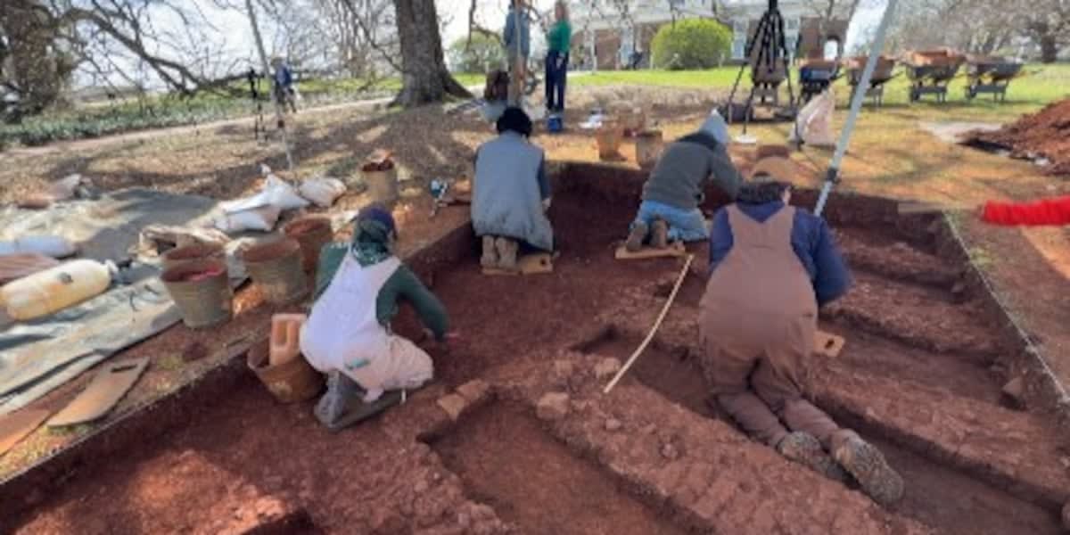 Archaeologists excavating intact brick kiln from 1700s at Monticello's east lawn