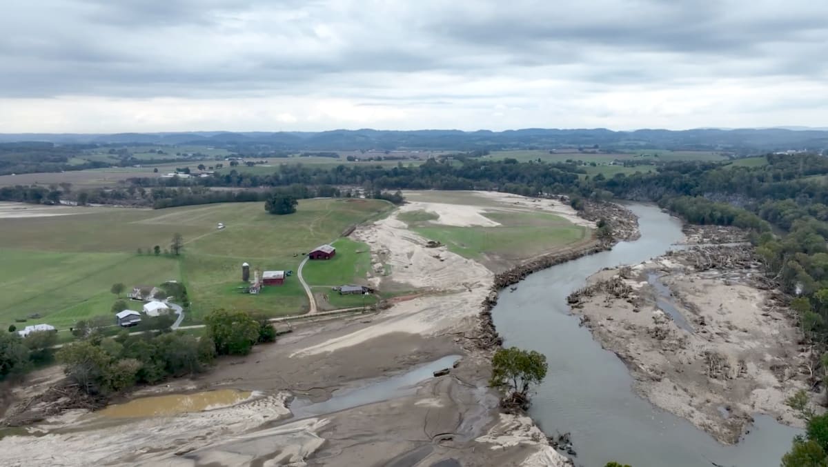 Aerial view of Tennessee farmland showing deep erosion and sand deposits from Hurricane Helene flooding
