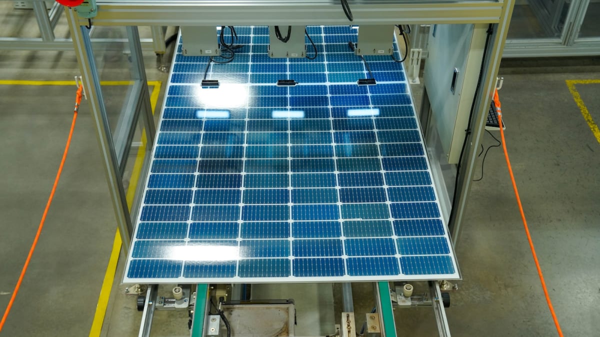 Workers in modern factory handling thin blue solar cells on production line in Georgia