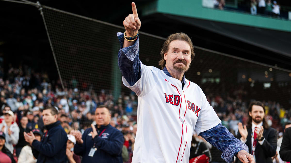 Baseball Hall of Famer Wade Boggs at Fenway Park celebrating cancer-free status with fellow Red Sox legends
