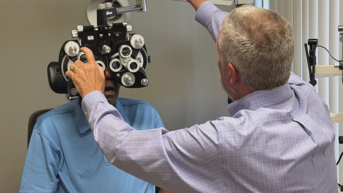 ** Optometrist examining patient eyes at Good Samaritan Ministries free vision clinic in Tennessee