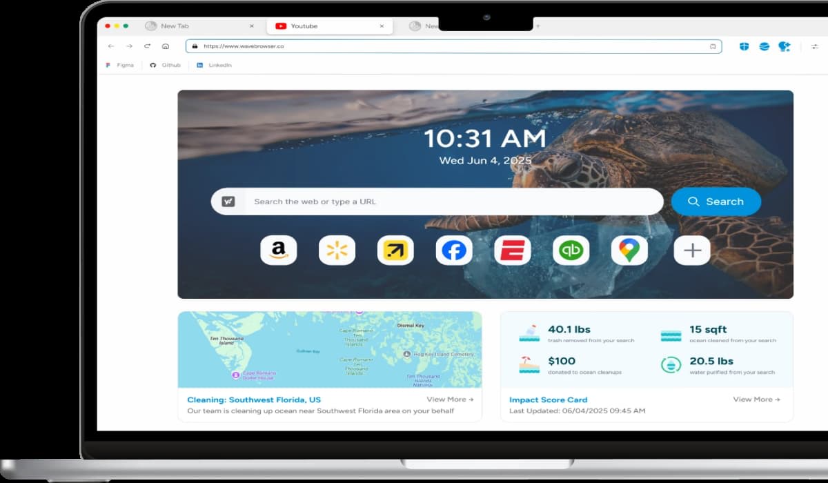 Computer screen showing Wave Browser interface with ocean cleanup impact tracker displaying environmental progress