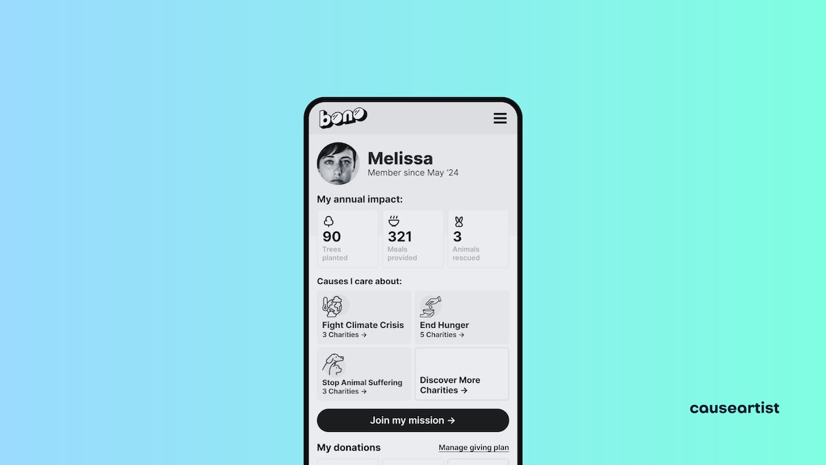 Smartphone displaying Bono donation app interface with personalized charity portfolio and impact tracking