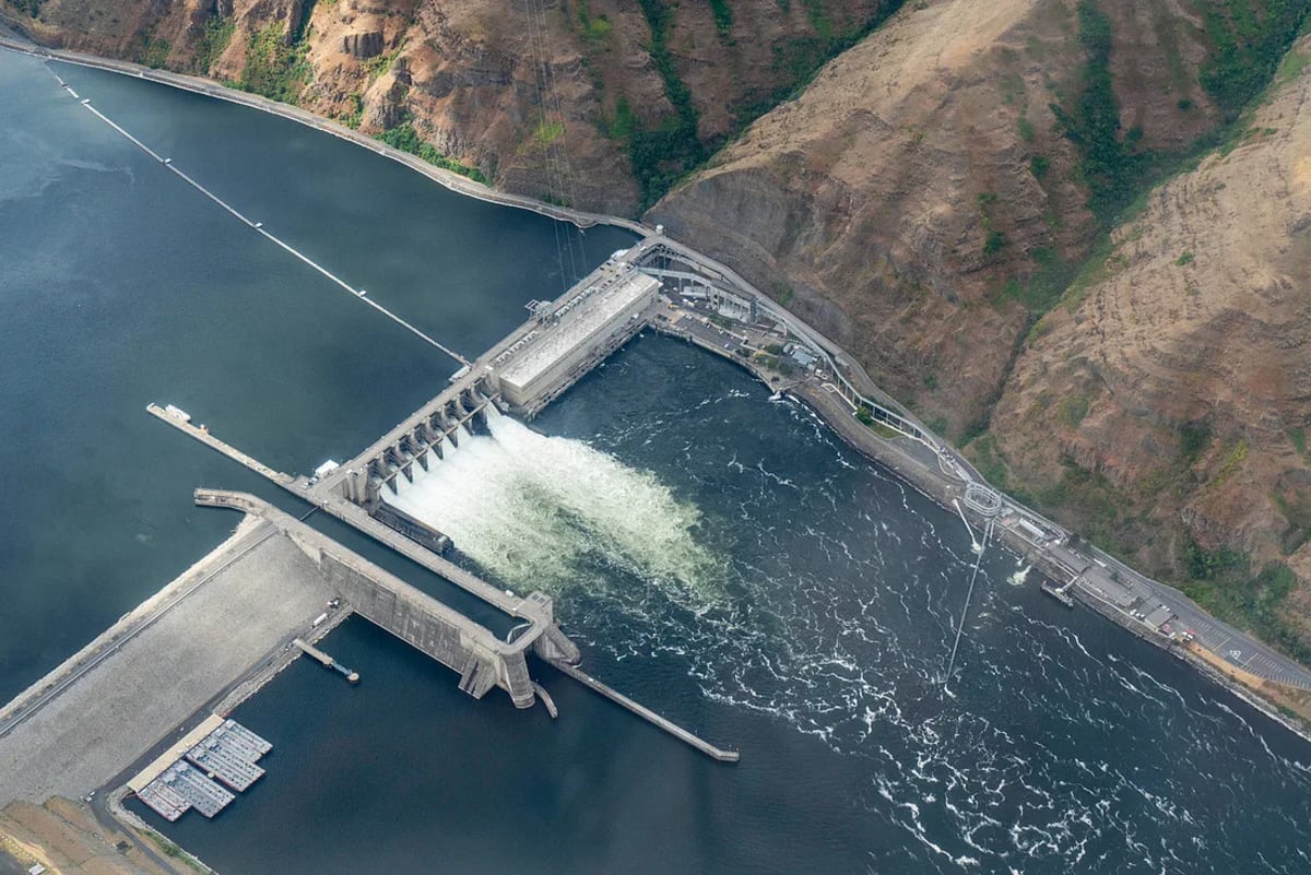 Aerial view of Lower Snake River dams near Idaho-Washington border with surrounding landscape
