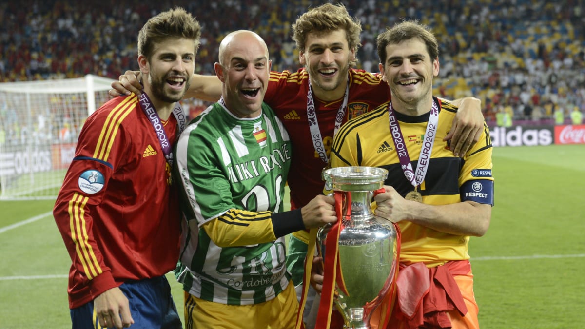 Spanish national team players celebrating during their historic 2010 World Cup victory in South Africa