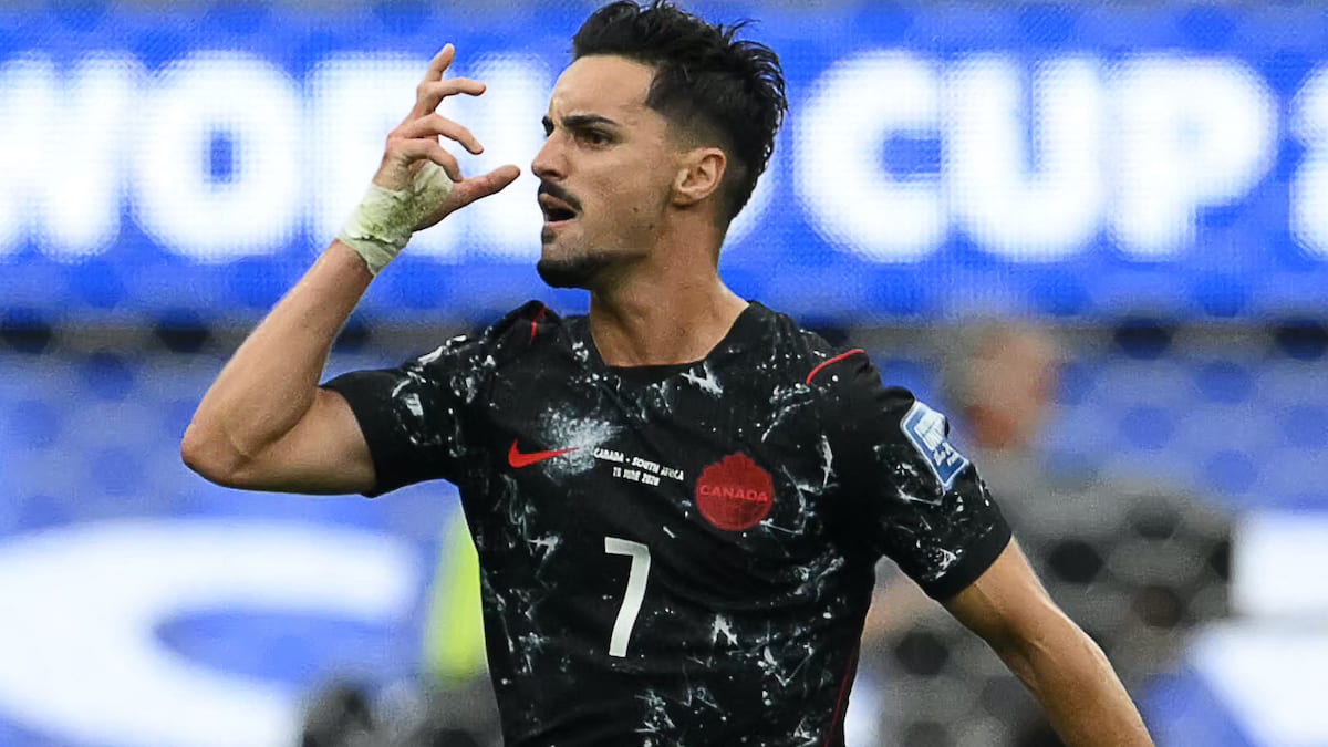 Canadian midfielder Stephen Eustáquio celebrates scoring the winning goal against South Africa in stoppage time
