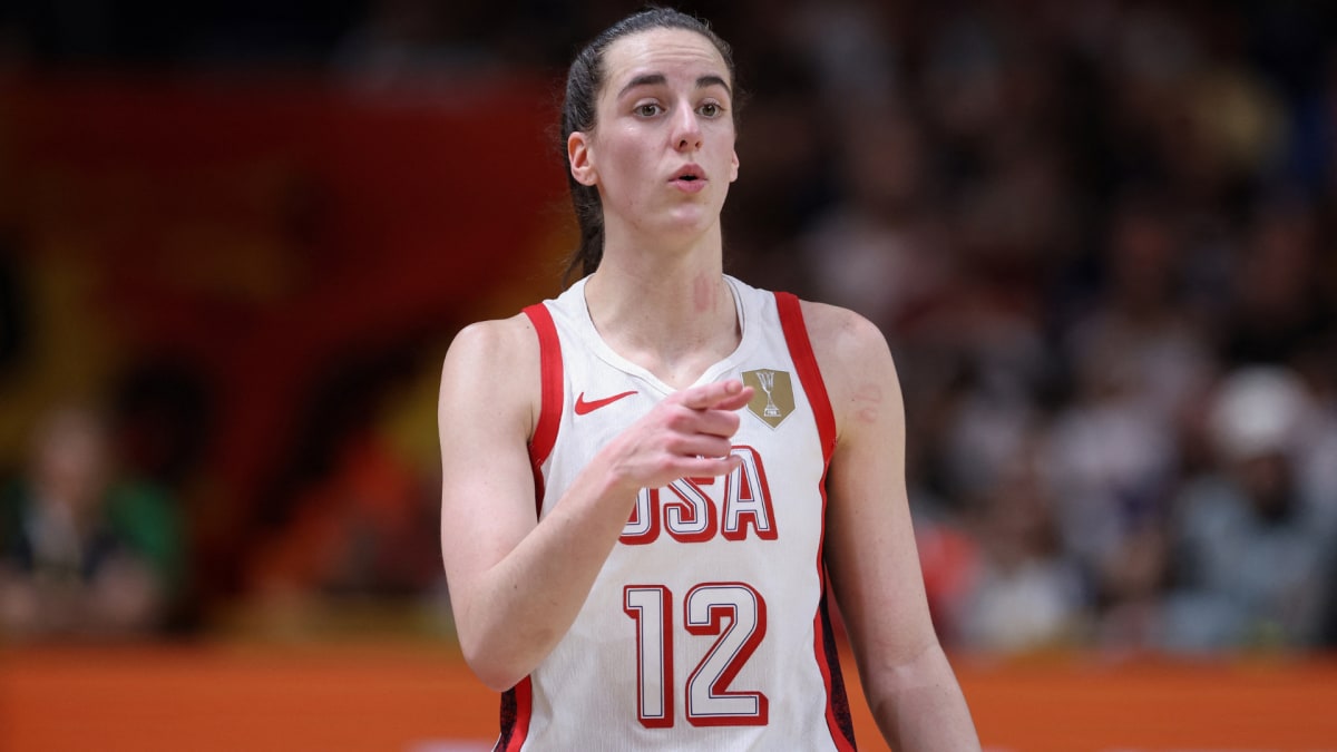 Caitlin Clark in Team USA jersey celebrates during 2026 FIBA World Cup medal ceremony