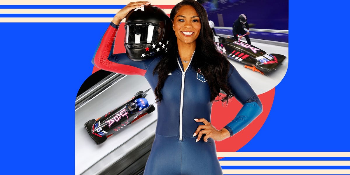 Kaysha Love piloting bobsled down icy track at high speed during Olympic competition