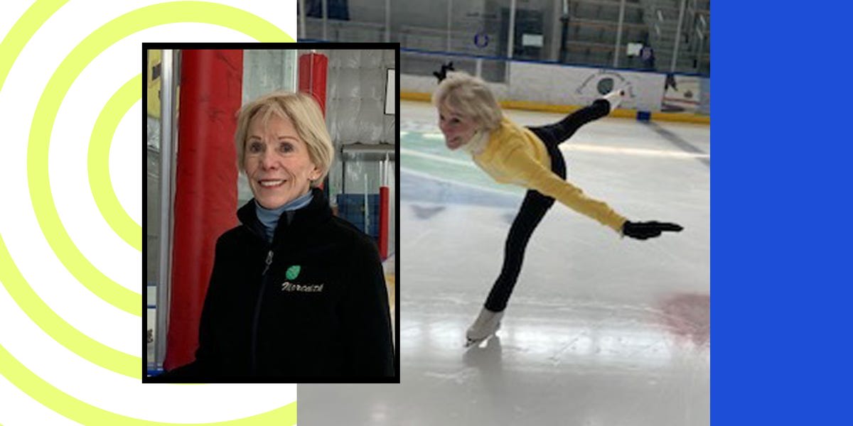 Senior woman in figure skating outfit performing gracefully on ice rink during training session