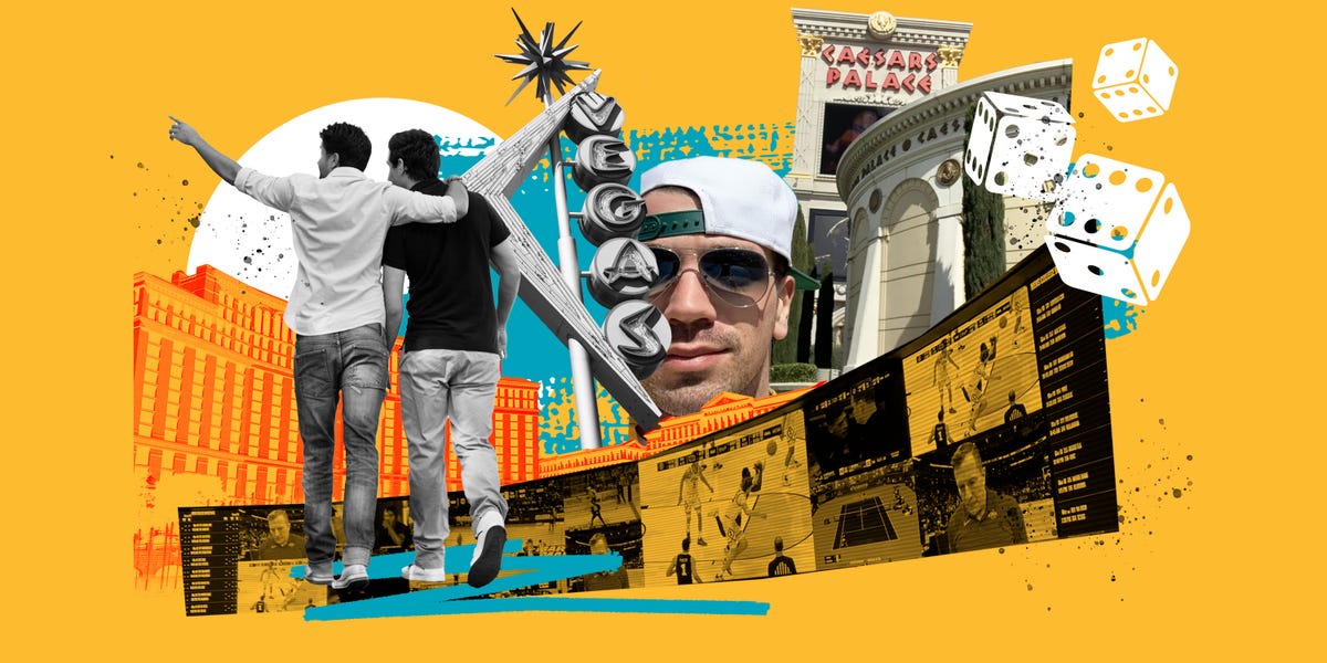 Three friends enjoying sports viewing at a Las Vegas sportsbook during March Madness tournament