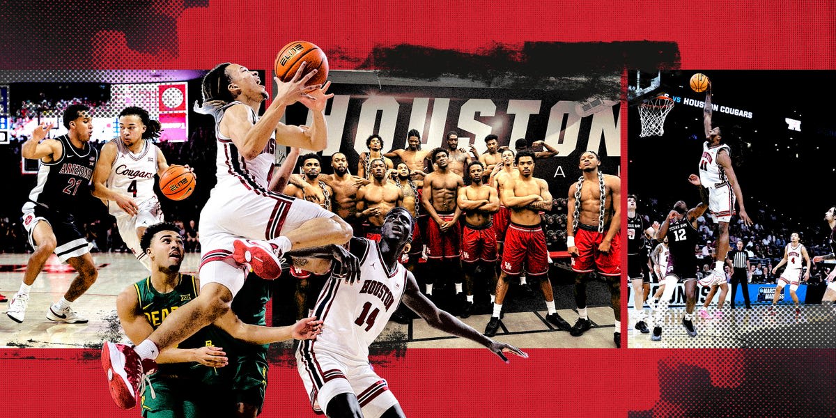 University of Houston basketball players flexing muscles in custom-built training facility weight room