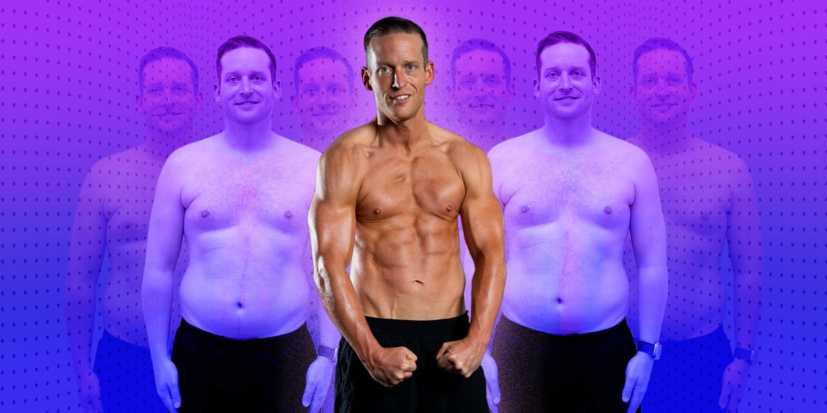 Bran Hughes showing dramatic before and after fitness transformation photos side by side