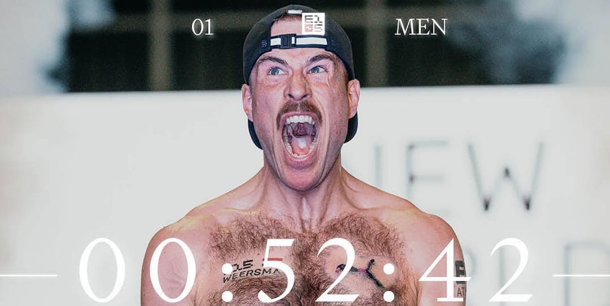 Young Dutch athlete Hidde Weersma celebrating his world record Hyrox finish at Olympia London