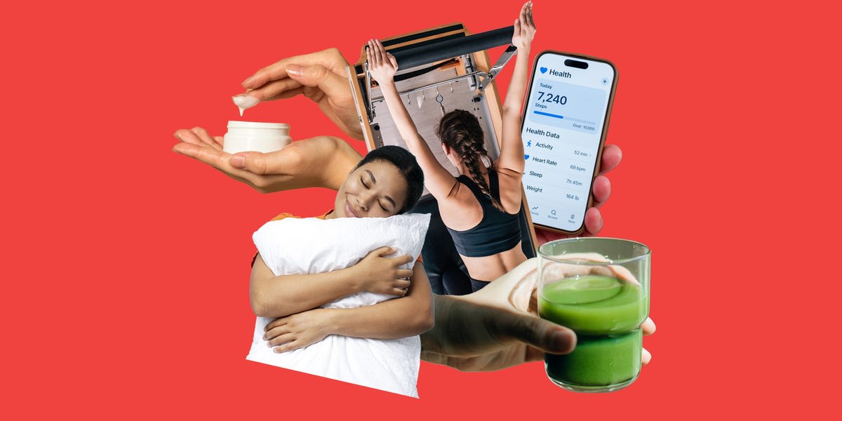 Young woman in activewear holding green juice after morning Pilates class, smiling peacefully