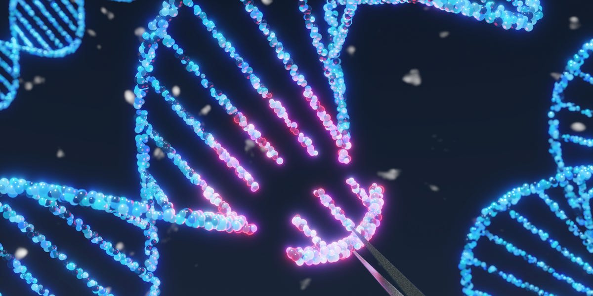 Medical researcher examining DNA strand illustration representing CRISPR gene-editing technology for cholesterol treatment
