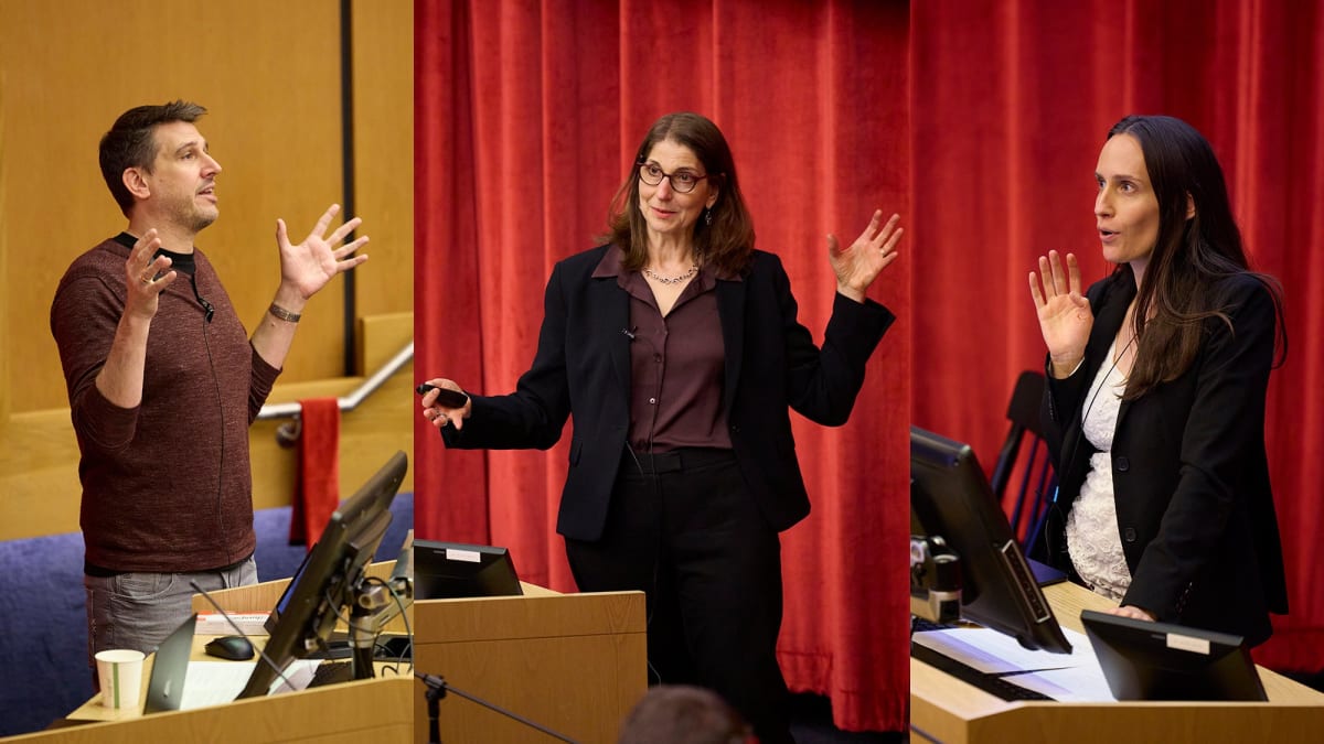Three Harvard researchers William Mair, Laura Kubzansky, and Courtney Peterson discussing aging research