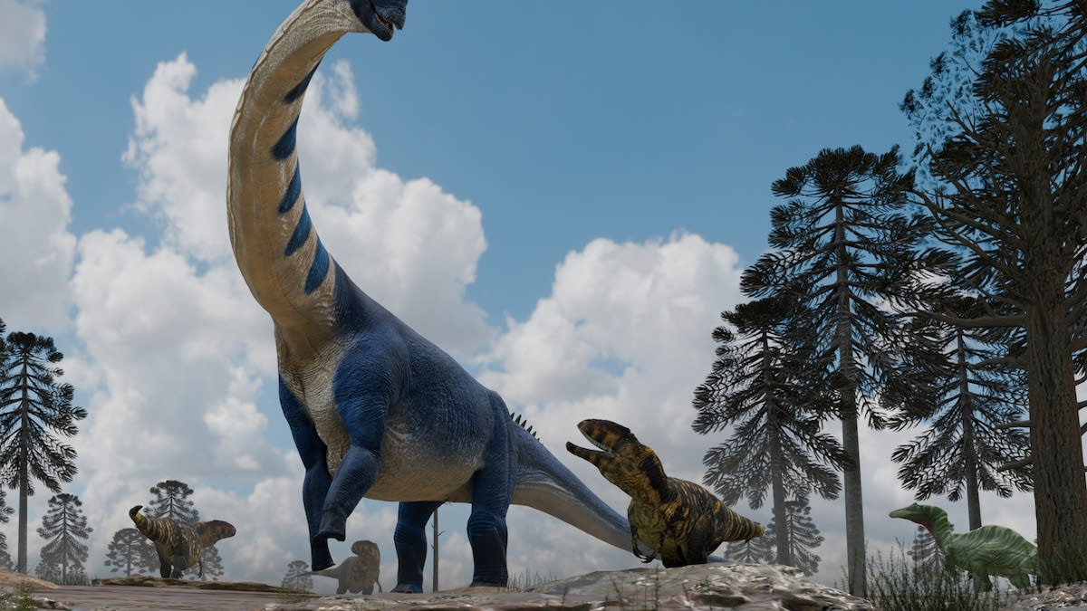 Illustration of Nagatitan chaiyaphumensis, a massive long-necked dinosaur in prehistoric Thailand landscape