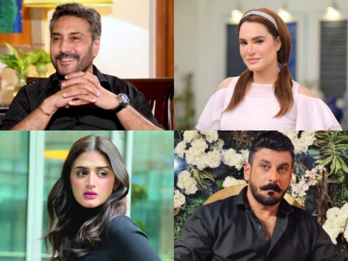 ** Pakistani celebrities in colorful traditional Eid outfits sharing festive greetings and messages of unity