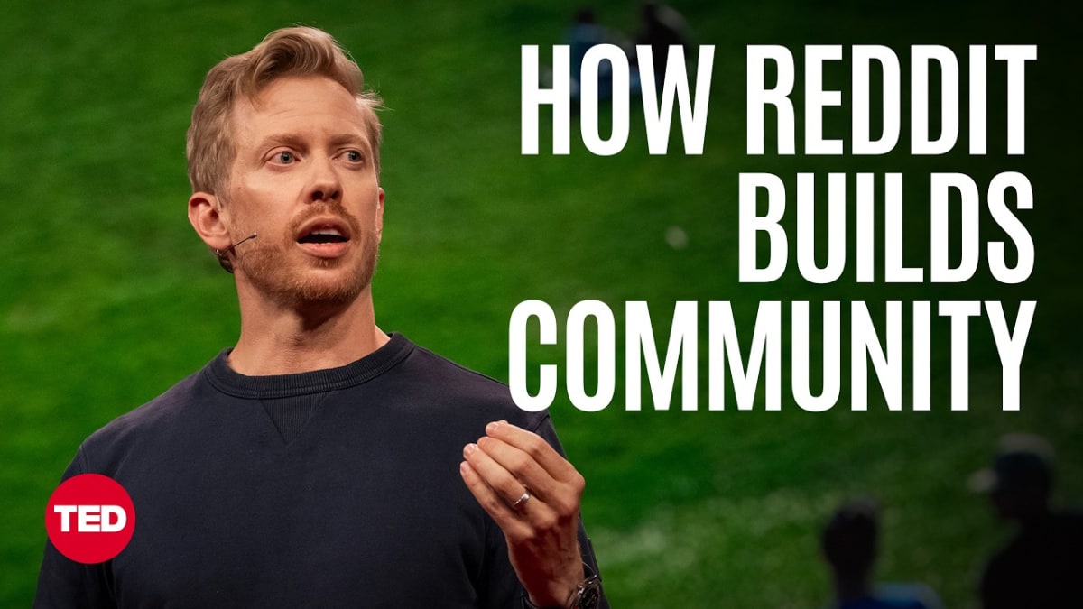 ** Steve Huffman speaking on TED stage with red circular backdrop about online community building