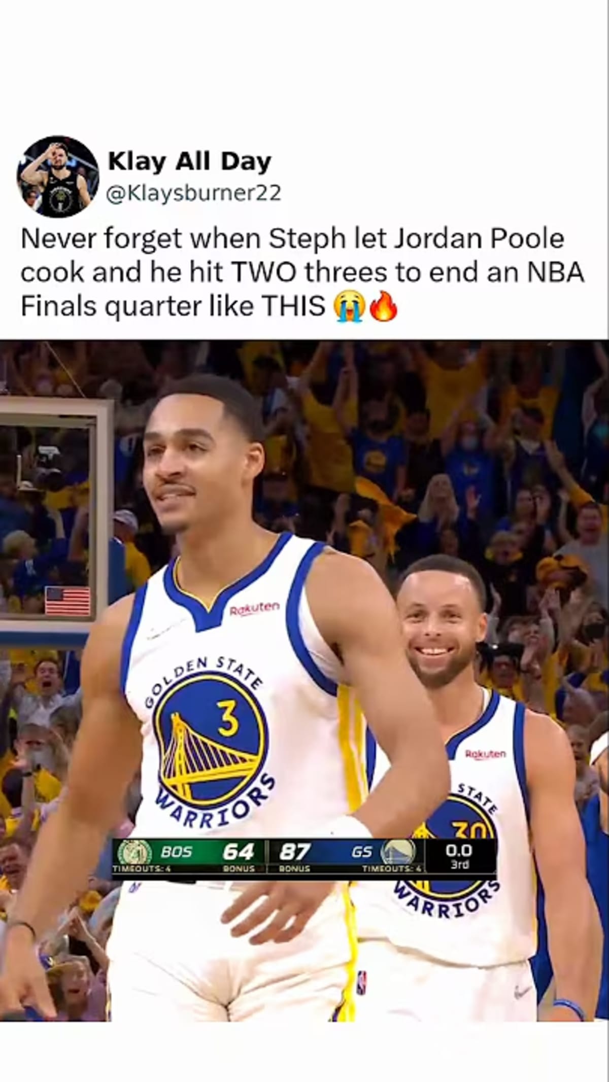 Jordan Poole celebrating after hitting buzzer-beater shot during 2022 NBA Finals game