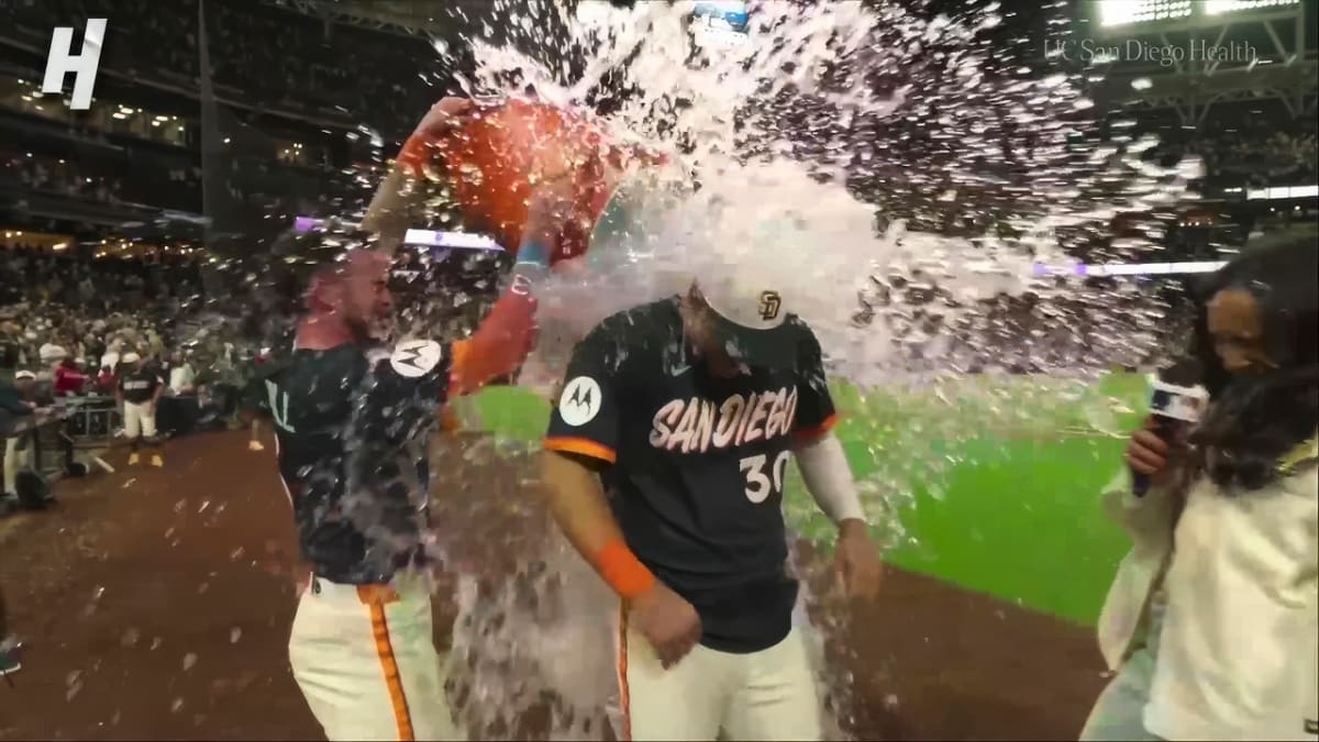 ** Gavin Sheets celebrating after hitting walk-off home run for San Diego Padres at Petco Park