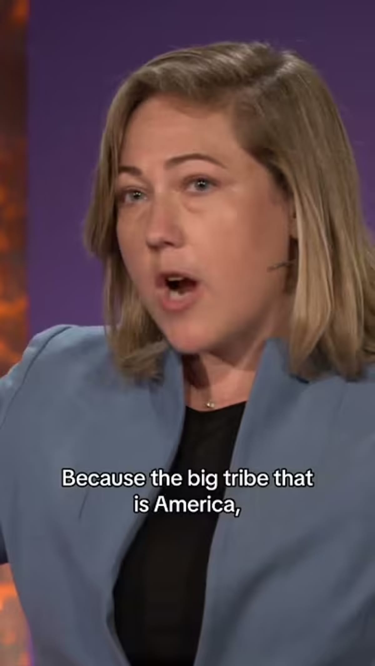 Political strategist Sarah Longwell speaking on TED stage about democracy and tribal politics