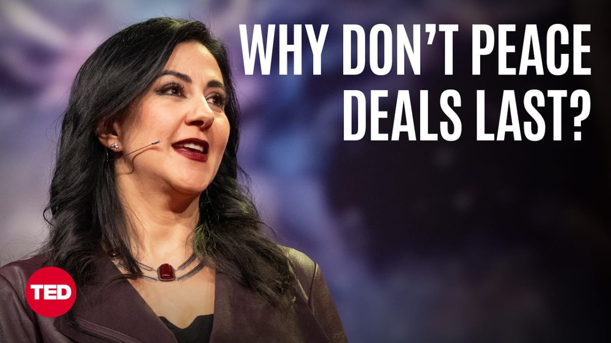 ** Mediator Hiba Qasas speaking at TED2026 about revolutionary peacebuilding approach
