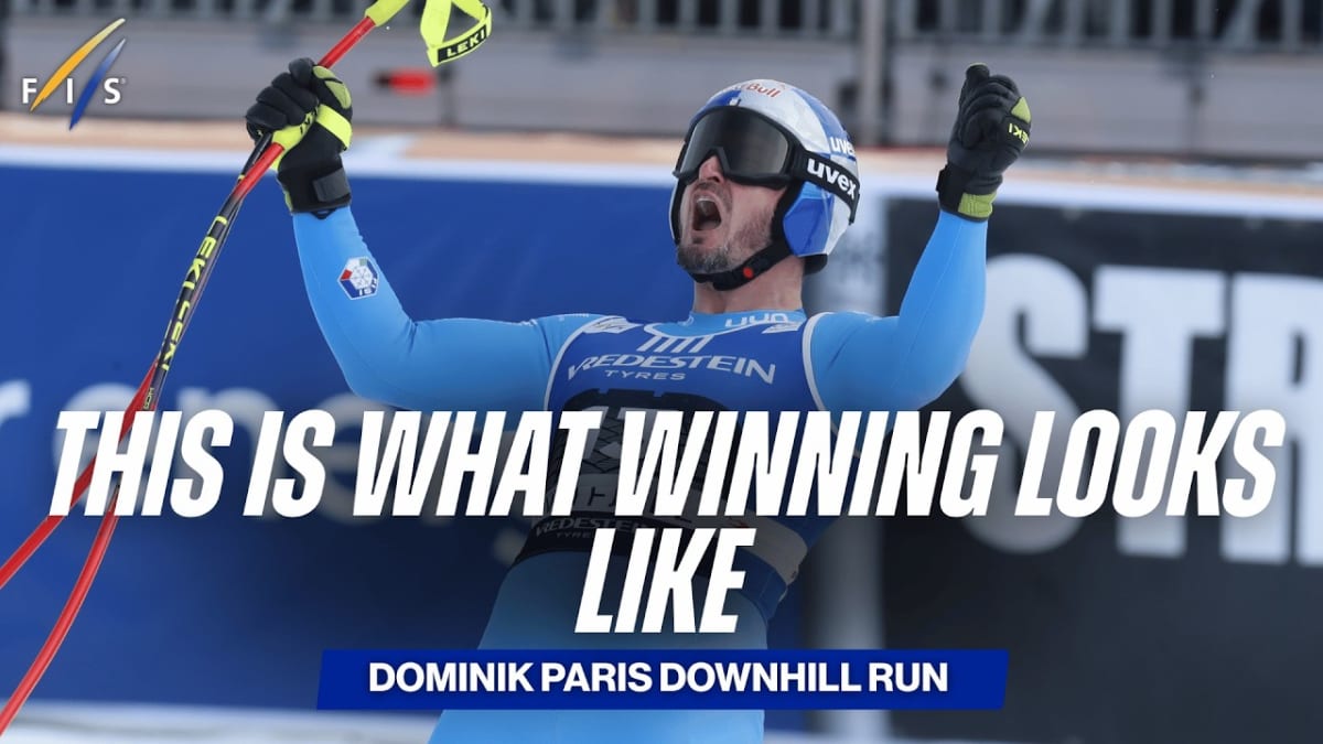Dominik Paris skiing downhill at high speed during World Cup race in Kvitfjell, Norway