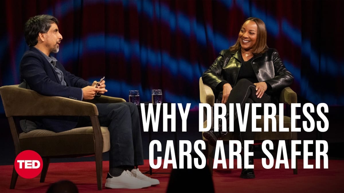 ** Waymo co-CEO Tekedra Mawakana speaking on stage at TED2026 conference about autonomous vehicle safety