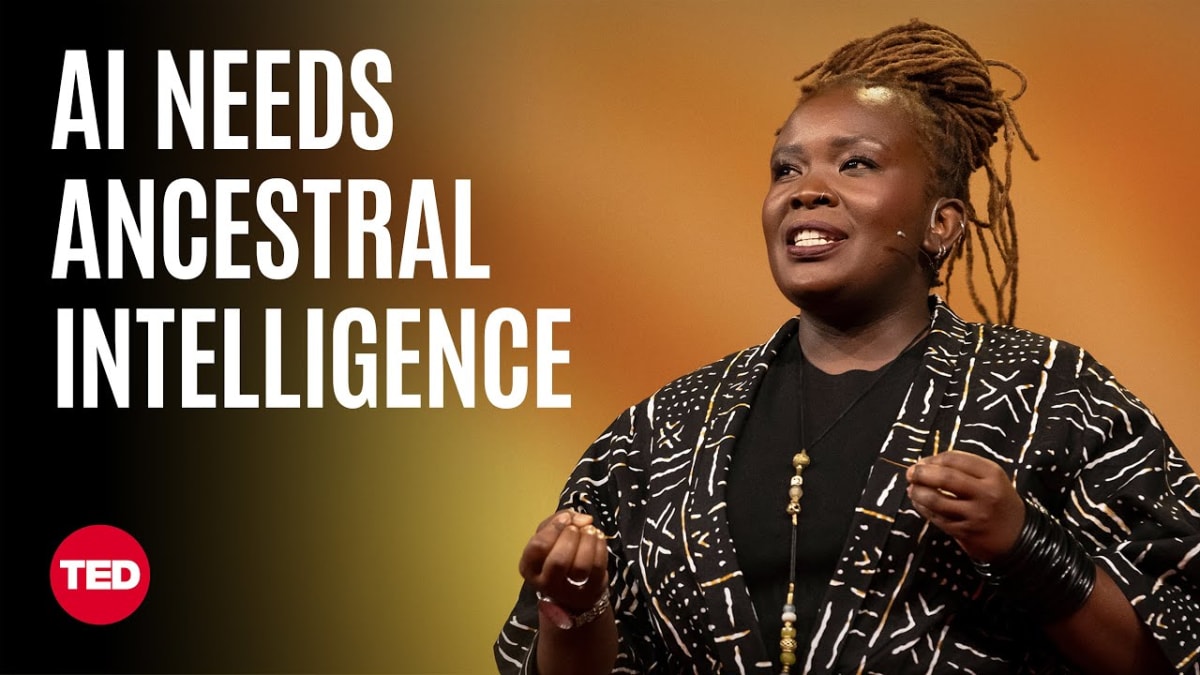 ** Nanjira Sambuli speaking at TED conference about ancestral wisdom guiding artificial intelligence ethics
