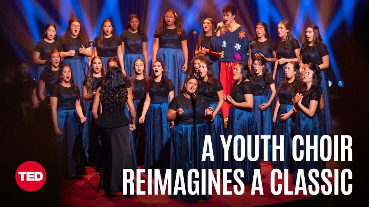 ** Youth choir MAS Vocal performing on stage at TED 2026 conference with Jacob Collier