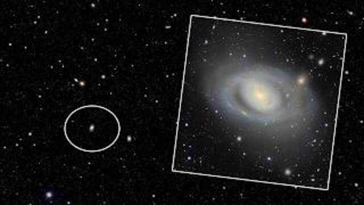 Deep space photograph showing the Copeland Septet galaxy cluster from DESI Legacy Survey
