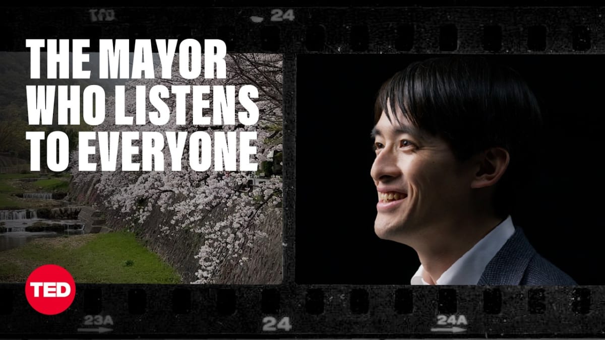 ** Young Japanese mayor Ryosuke Takashima speaking at TED conference about community-driven leadership