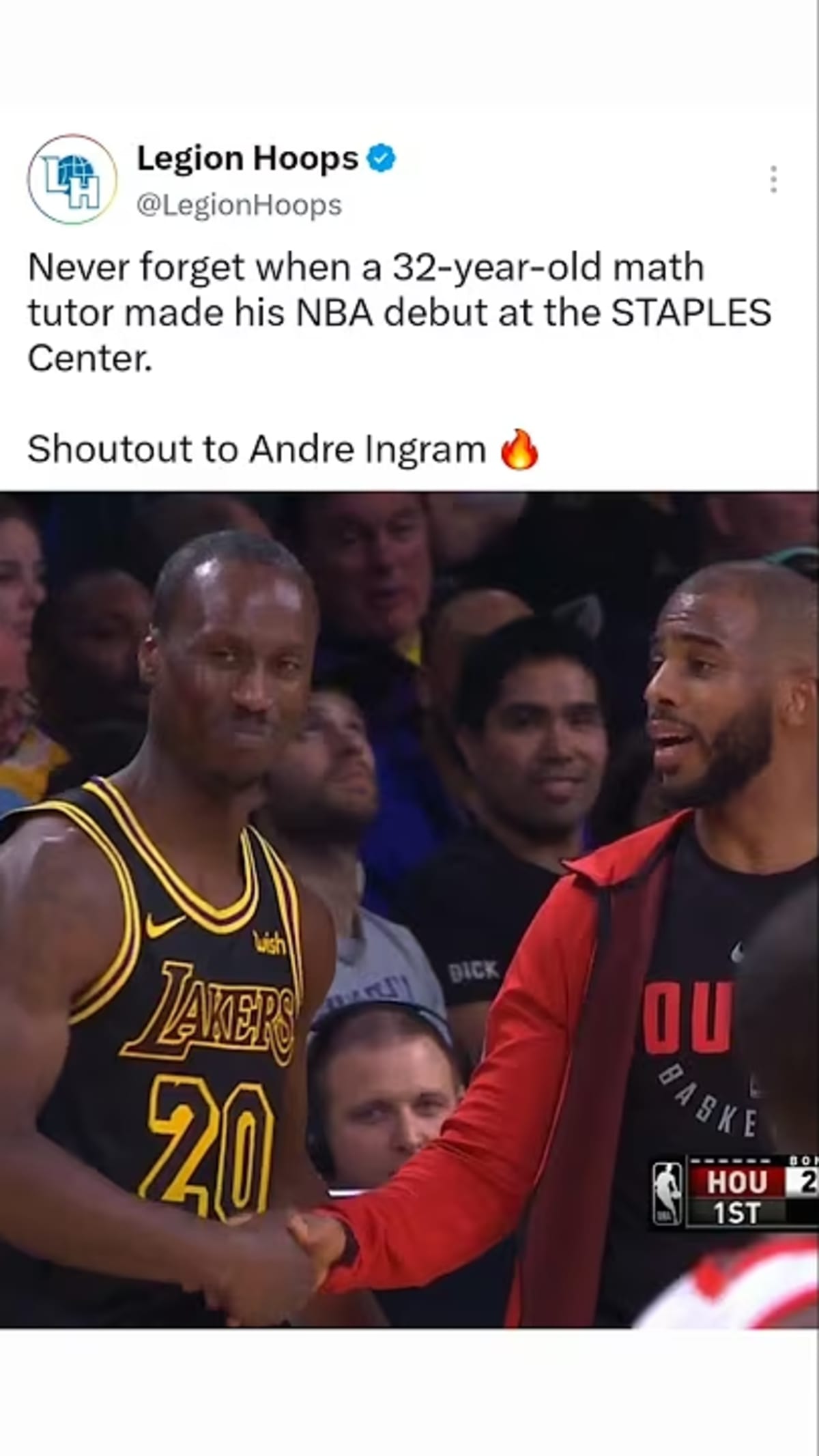 Andre Ingram in Lakers uniform celebrating during his first NBA game at age 32
