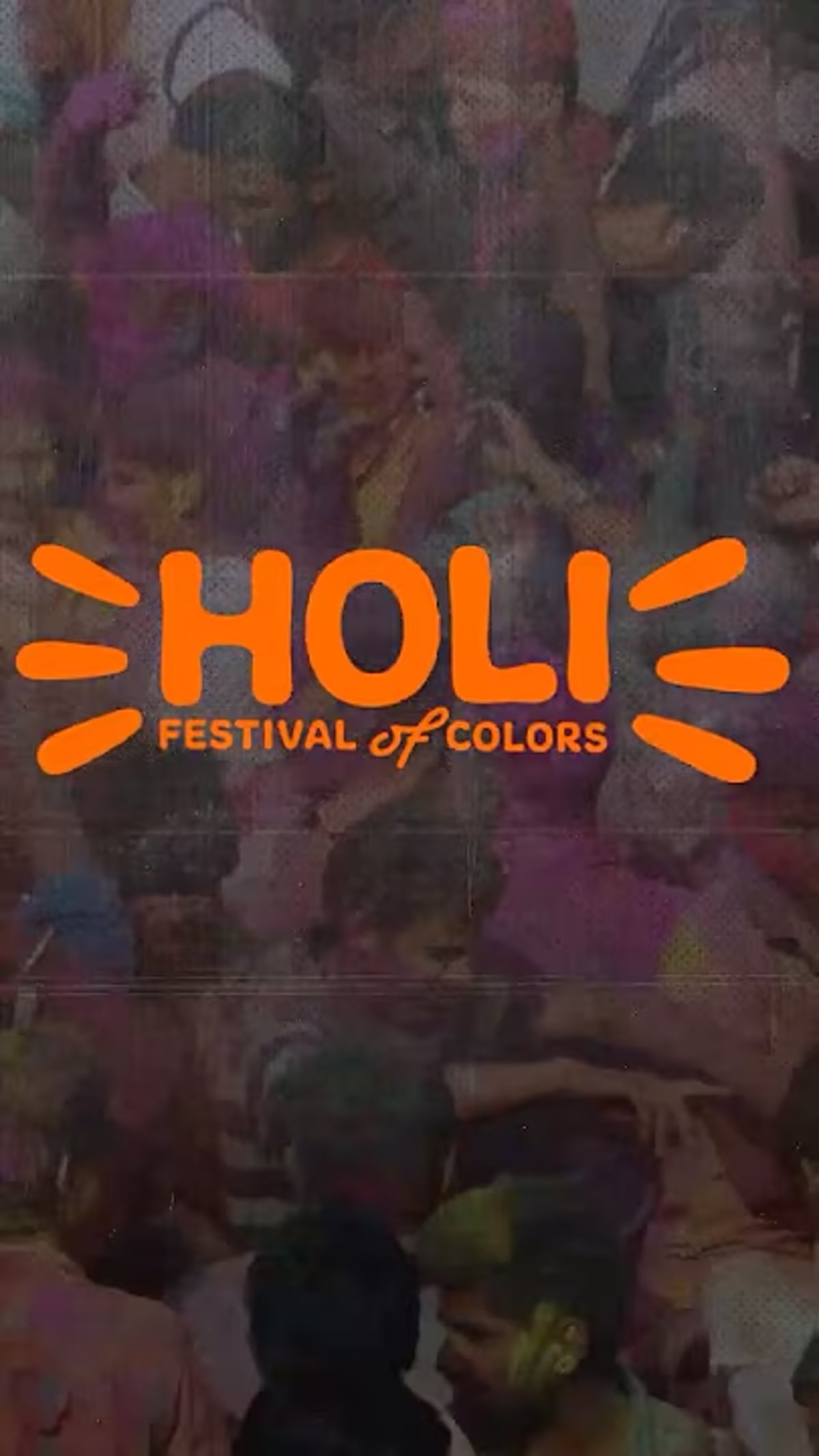 ** Crowds of people covered in bright colored powder celebrating Holi festival in India streets