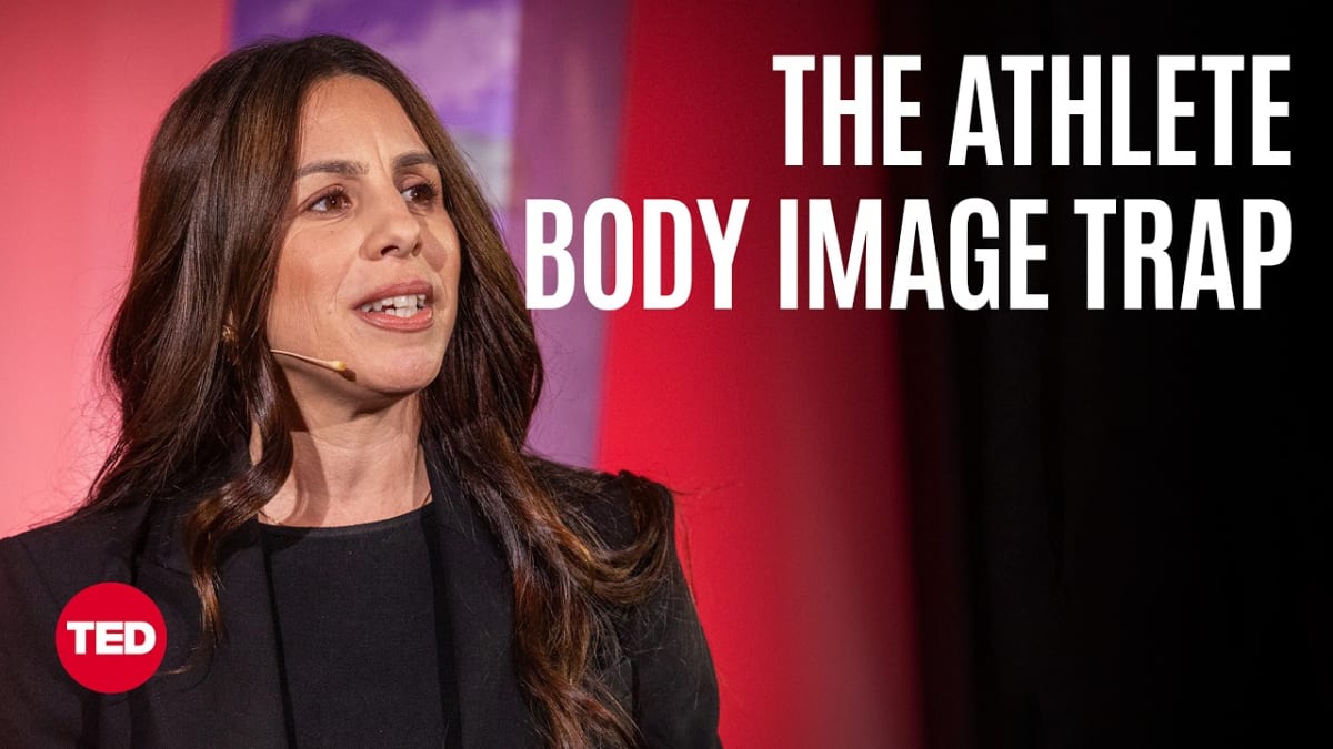 ** Female athlete in competition focusing on performance while scientist studies athletic achievement and mental resilience