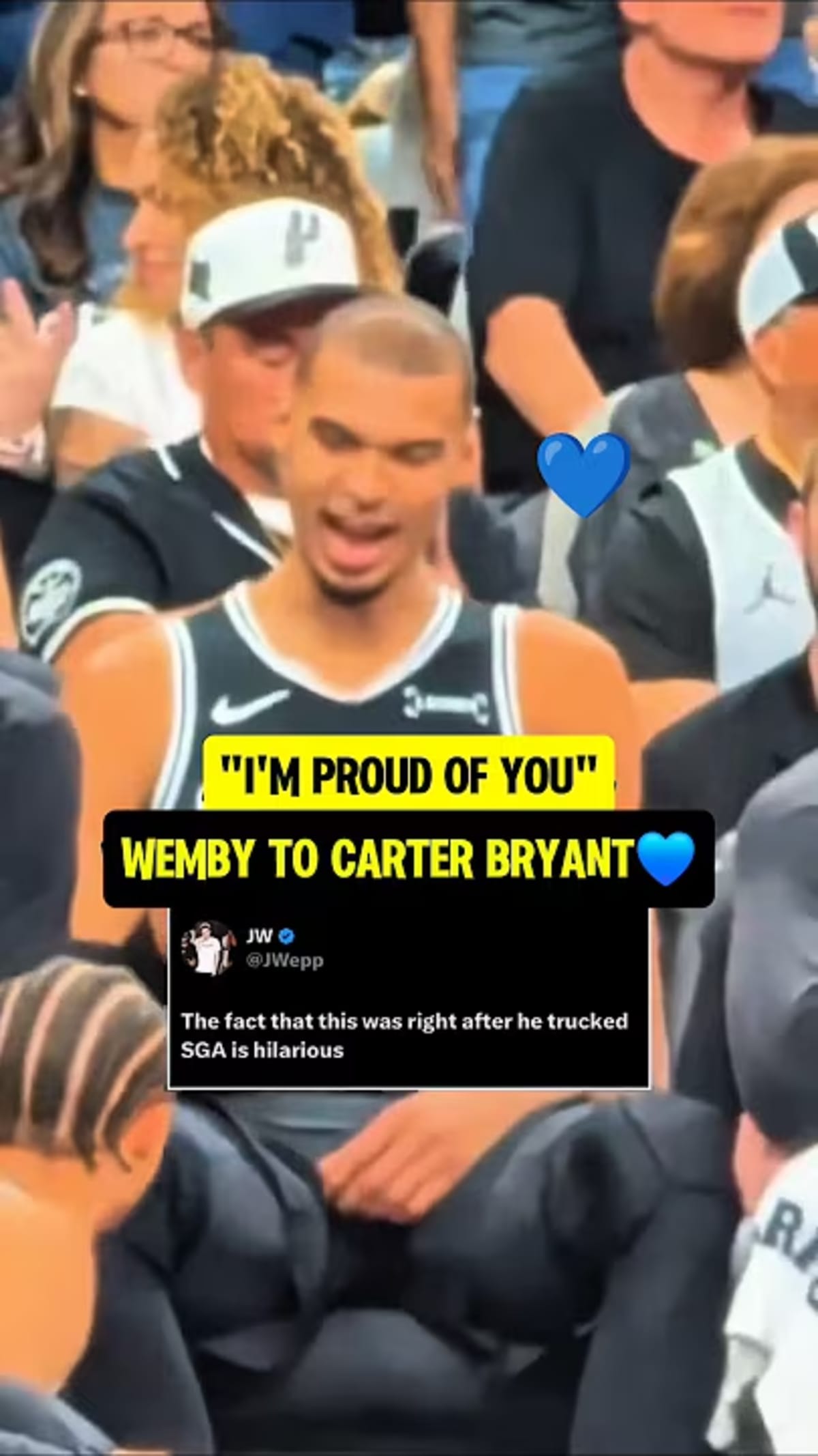 ** Victor Wembanyama encouraging San Antonio Spurs rookie teammate during NBA playoffs game