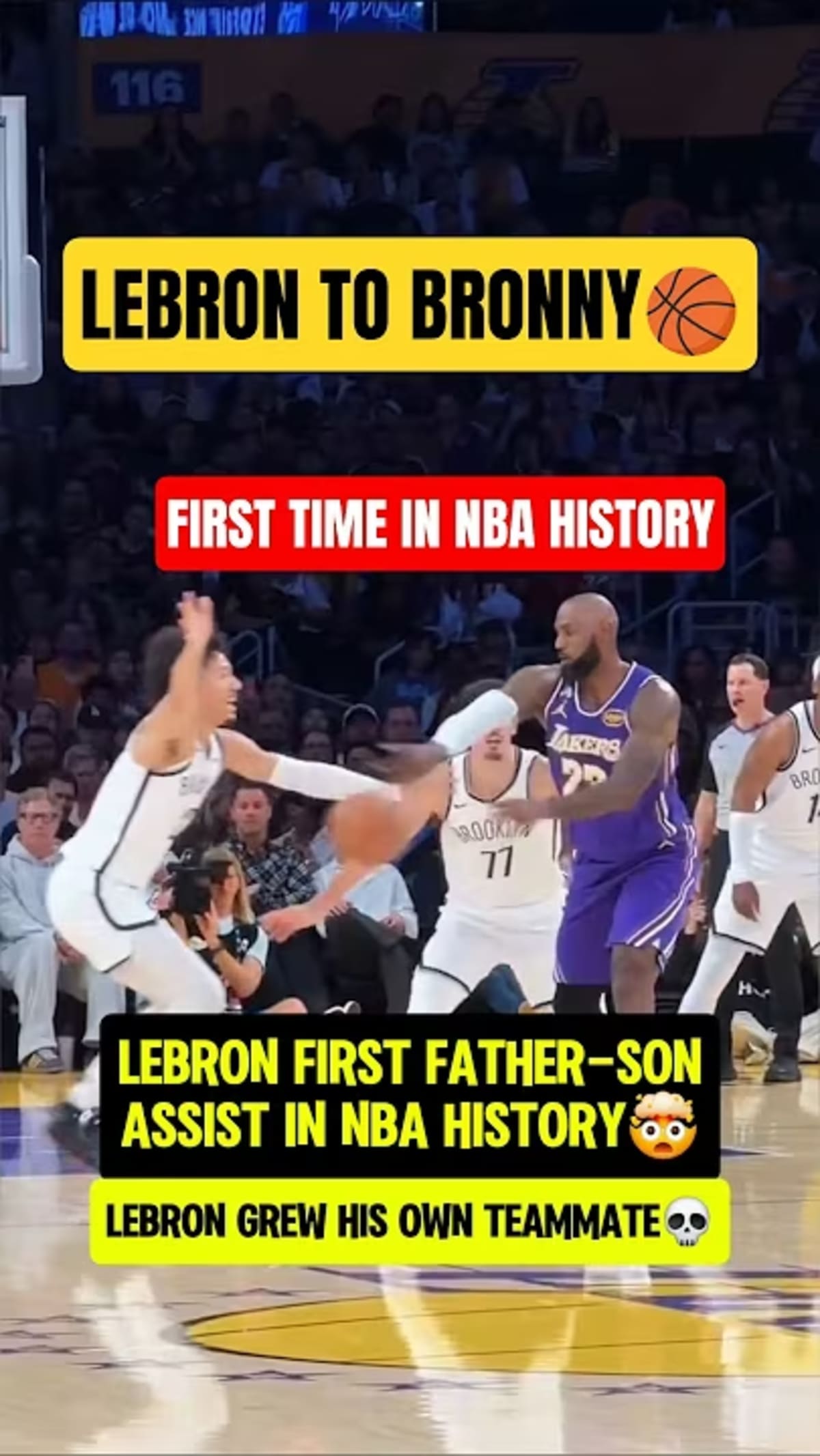 ** LeBron James in Lakers jersey passing basketball to his son Bronny during NBA game