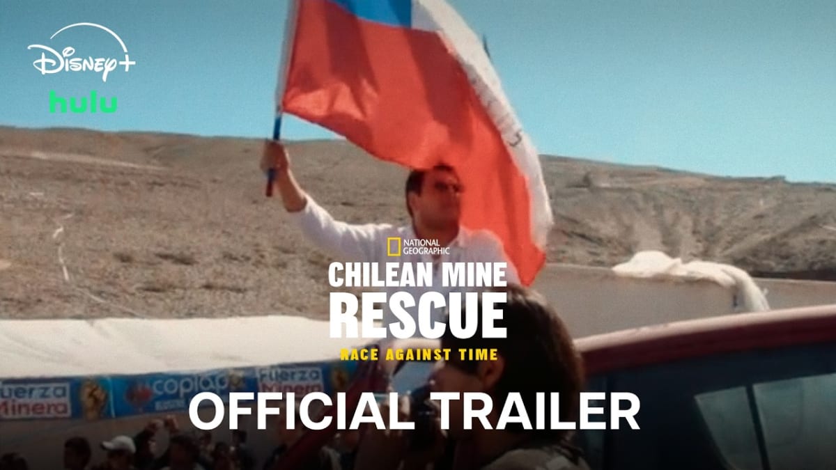 ** Documentary trailer image showing Chilean mine rescue operation from 2010 with rescue workers