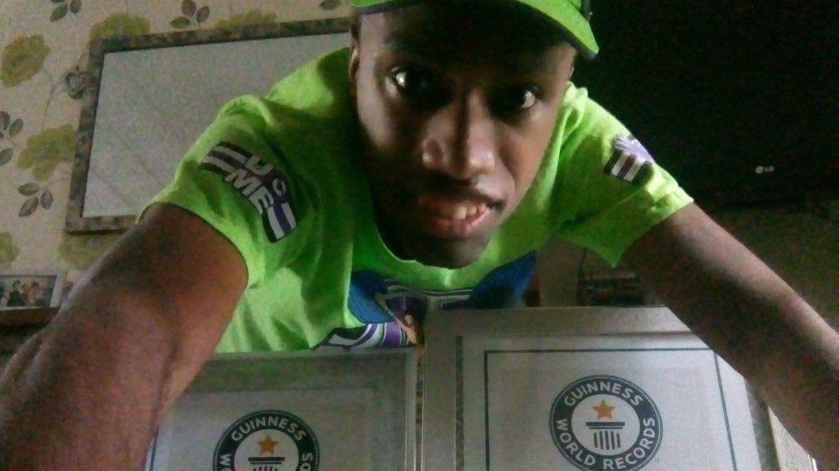 Matthew Akpan in running gear preparing for his sixth world record attempt