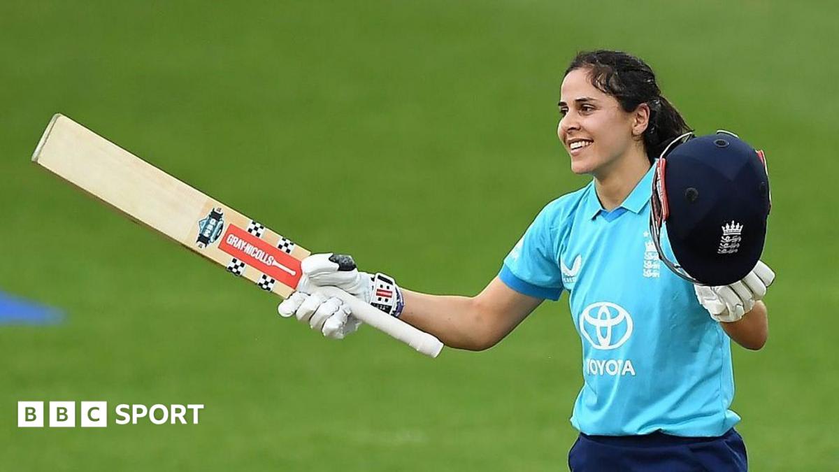 England cricketer Maia Bouchier celebrates after scoring century against Ireland at Leicester